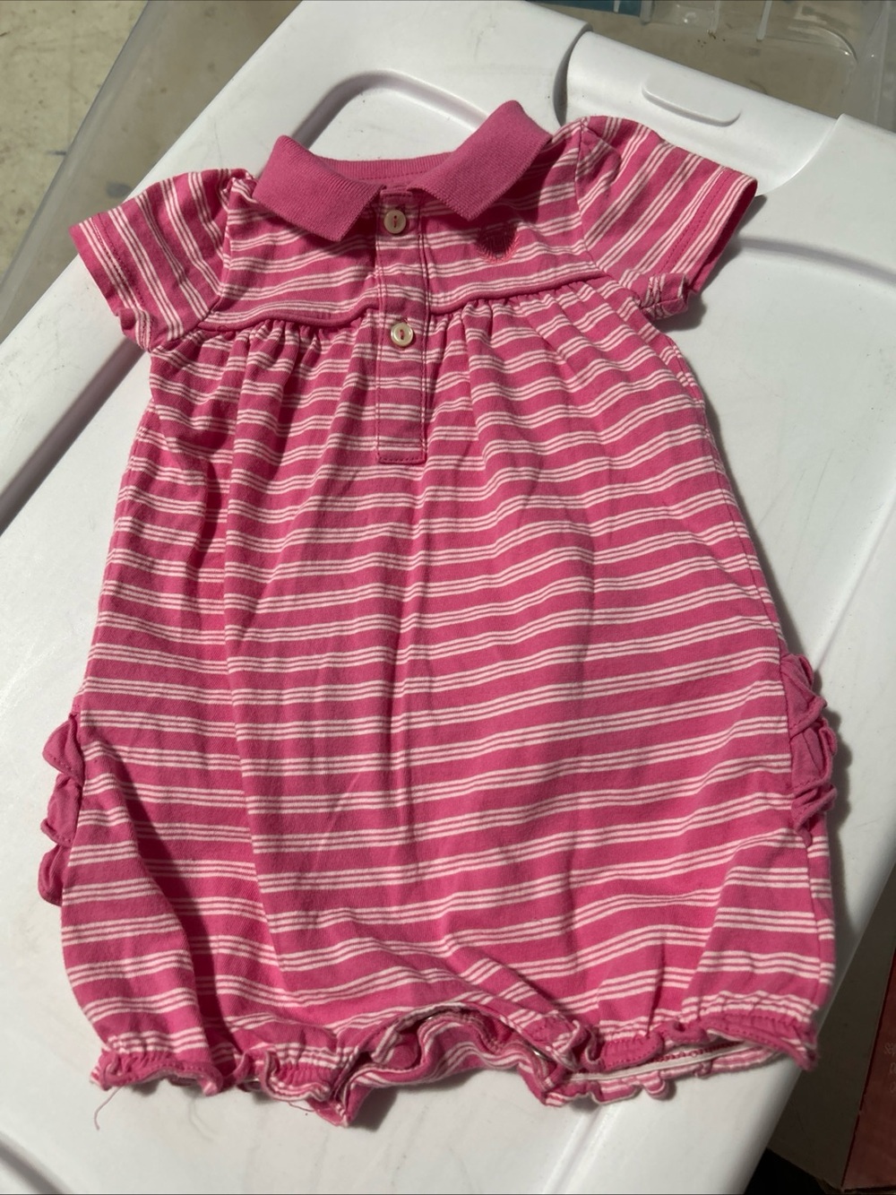 Chaps Pink and White Striped Polo Romper